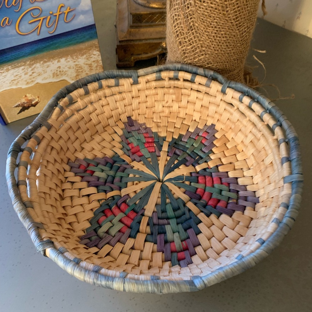 Native American hand woven basket, CREAM, BLUE, GREEN and PINK.